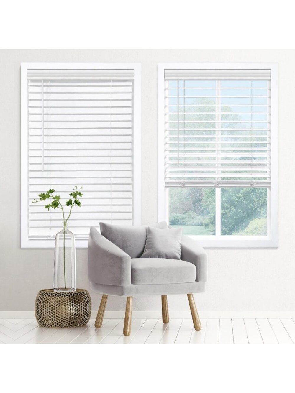 Cordless 2" Faux Wood Blinds - 34.5" W x 72" H, Embossed White Window Treatment